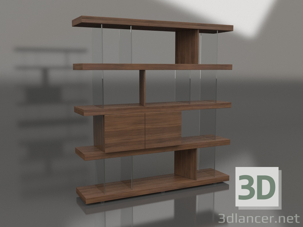modello 3D Scaffale, finitura noce impiallacciato F, vetro (180x41,3x189 cm) - anteprima