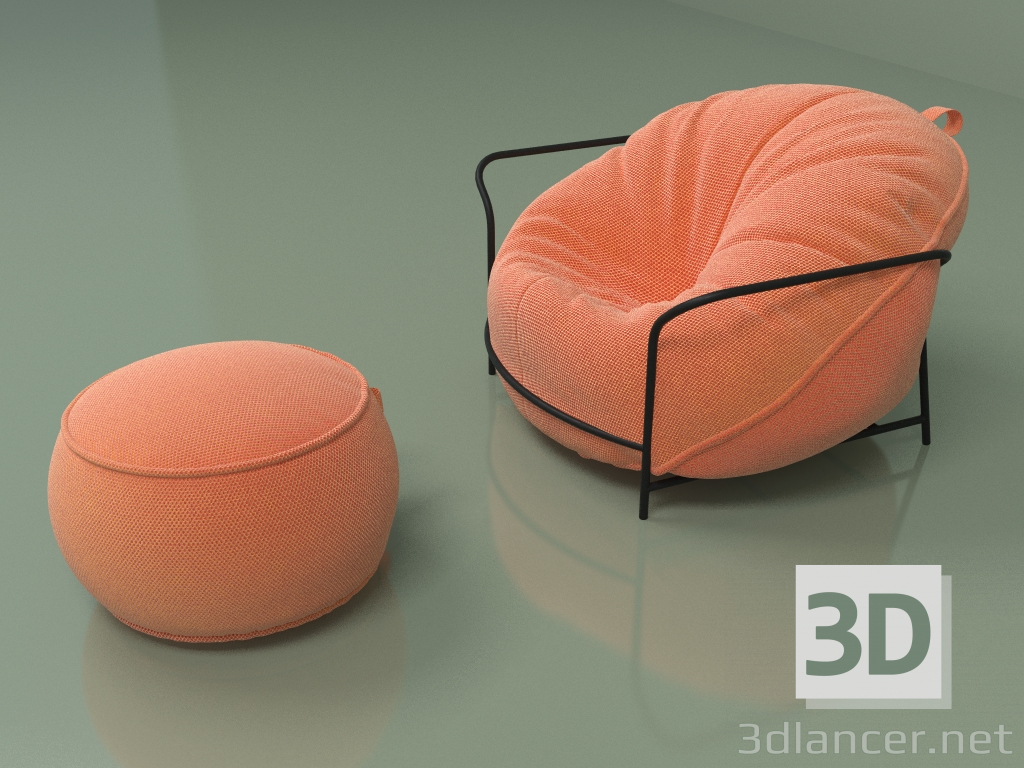 modello 3D Poltrona Uni con pouf (arancione) - anteprima